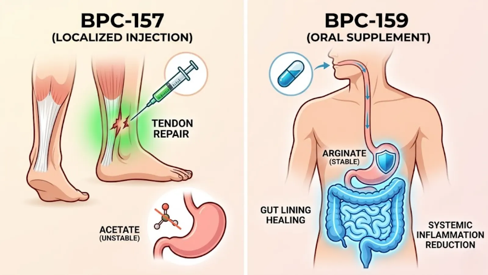 Physiological targeting map contrasting localized tissue repair (BPC-157) vs. systemic GI healing (BPC-159).