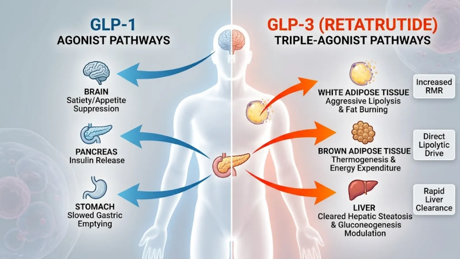 Physiological Targeting Map: GLP-1 vs GLP-3 (Retatrutide)