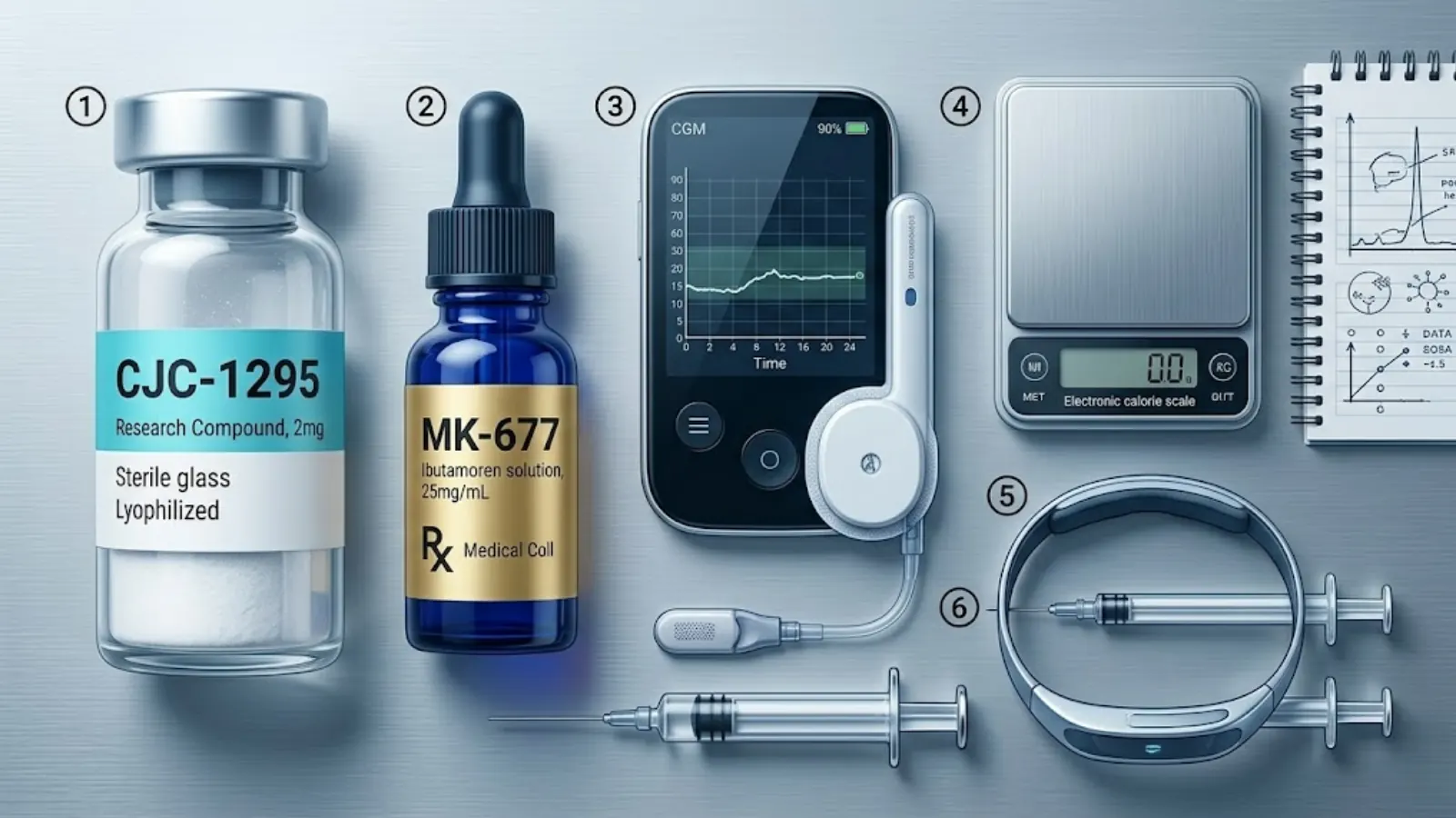Advanced biohacking flat lay for peptide research