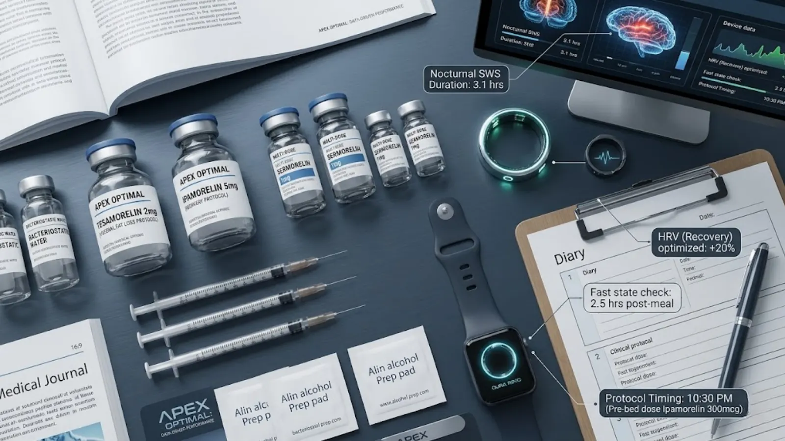 Direct overhead flat lay photograph curated with biometric ring, clipboard with data charts, and several clearly labeled peptide vials.