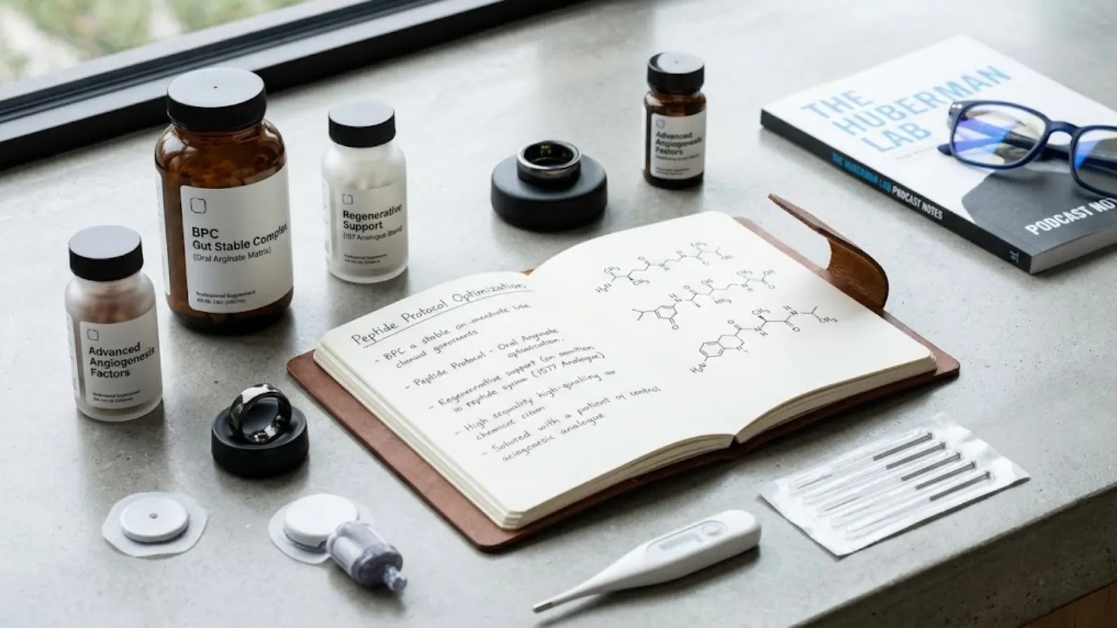 Conceptual illustration of an advanced biohacking and medical optimization protocol including peptide analogs.