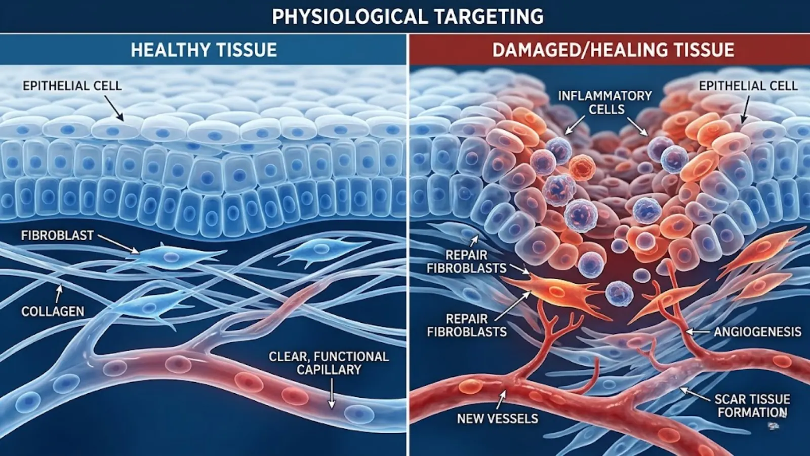 Visual comparison showing healthy tissue versus damaged tissue undergoing peptide-assisted healing