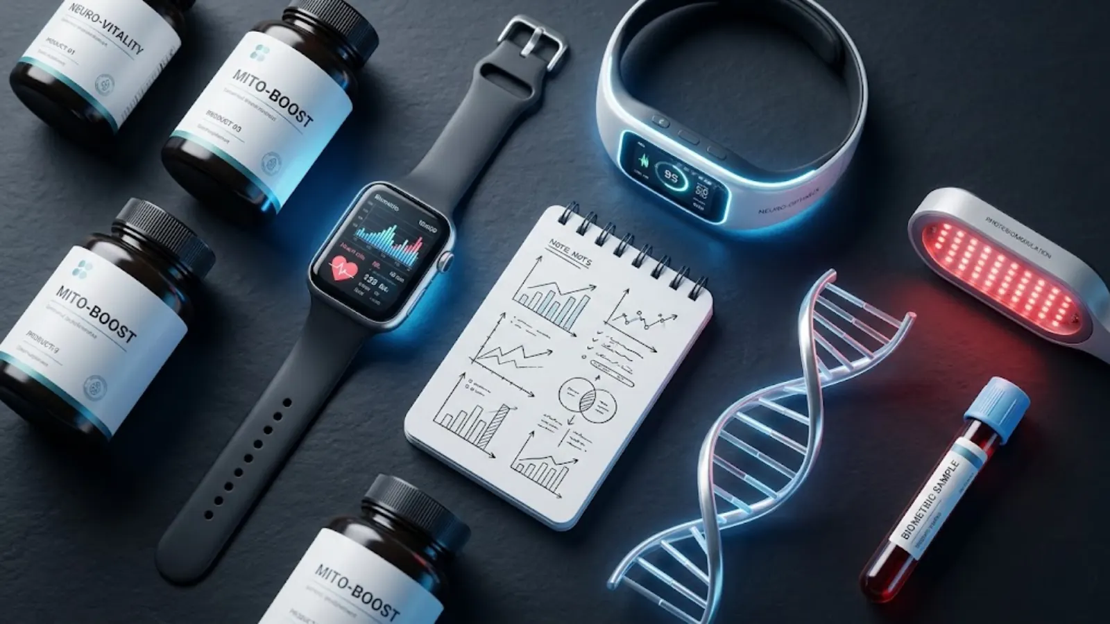 Advanced biohacking and medical optimization flat lay with smart devices, lab notes, and vials