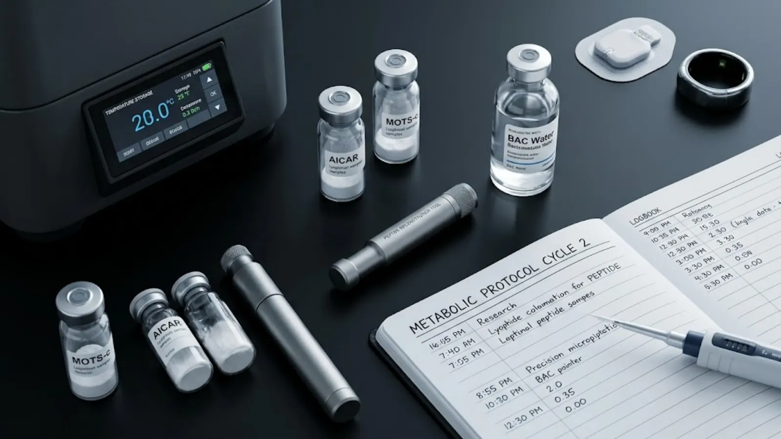 Advanced biohacking flat lay with peptide vials, BAC water, and protocol logbook