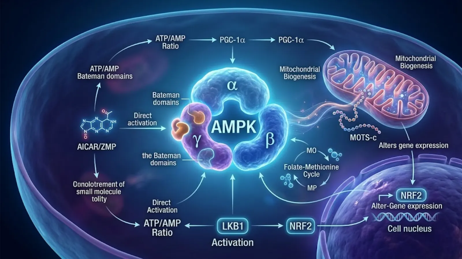 Conceptual Molecular Mechanism of AMPK Activation comparing AICAR and MOTS-c pathways