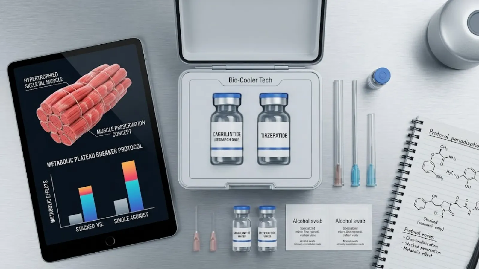 Advanced biohacking flat lay with muscle preservation concept