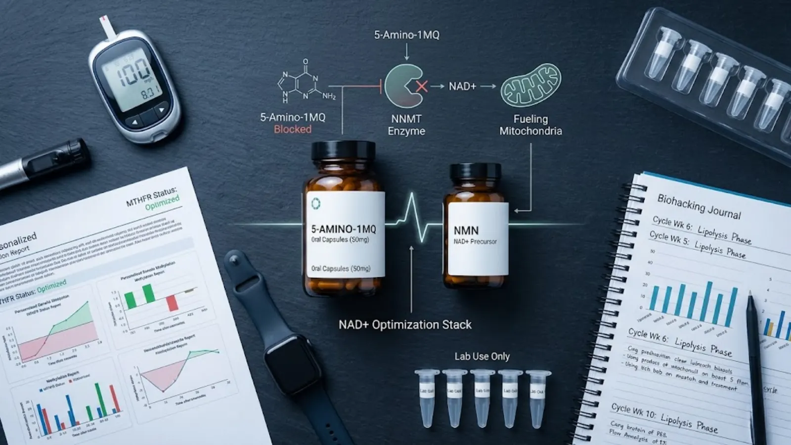 Medical Optimization Flat Lay showing the NAD+ Optimization Stack