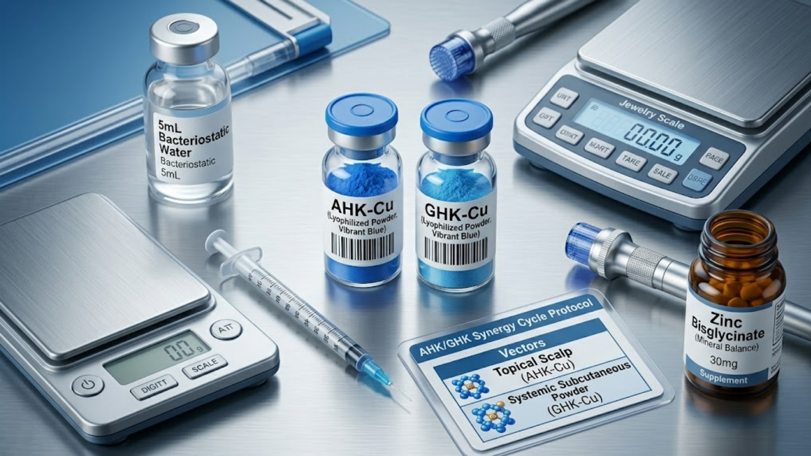 Advanced Biohacking Flat Lay with Peptides and Scale