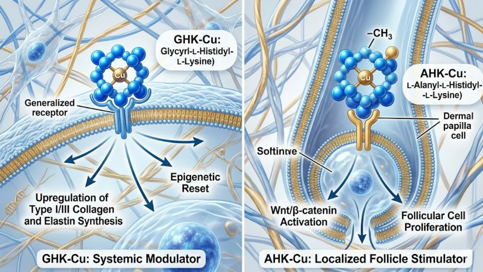 Conceptual molecular mechanism of AHK-Cu vs GHK-Cu highlighting the Alanine substitution