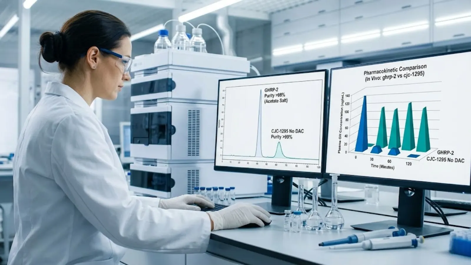 Professional laboratory setting demonstrating HPLC testing and pharmacokinetic data