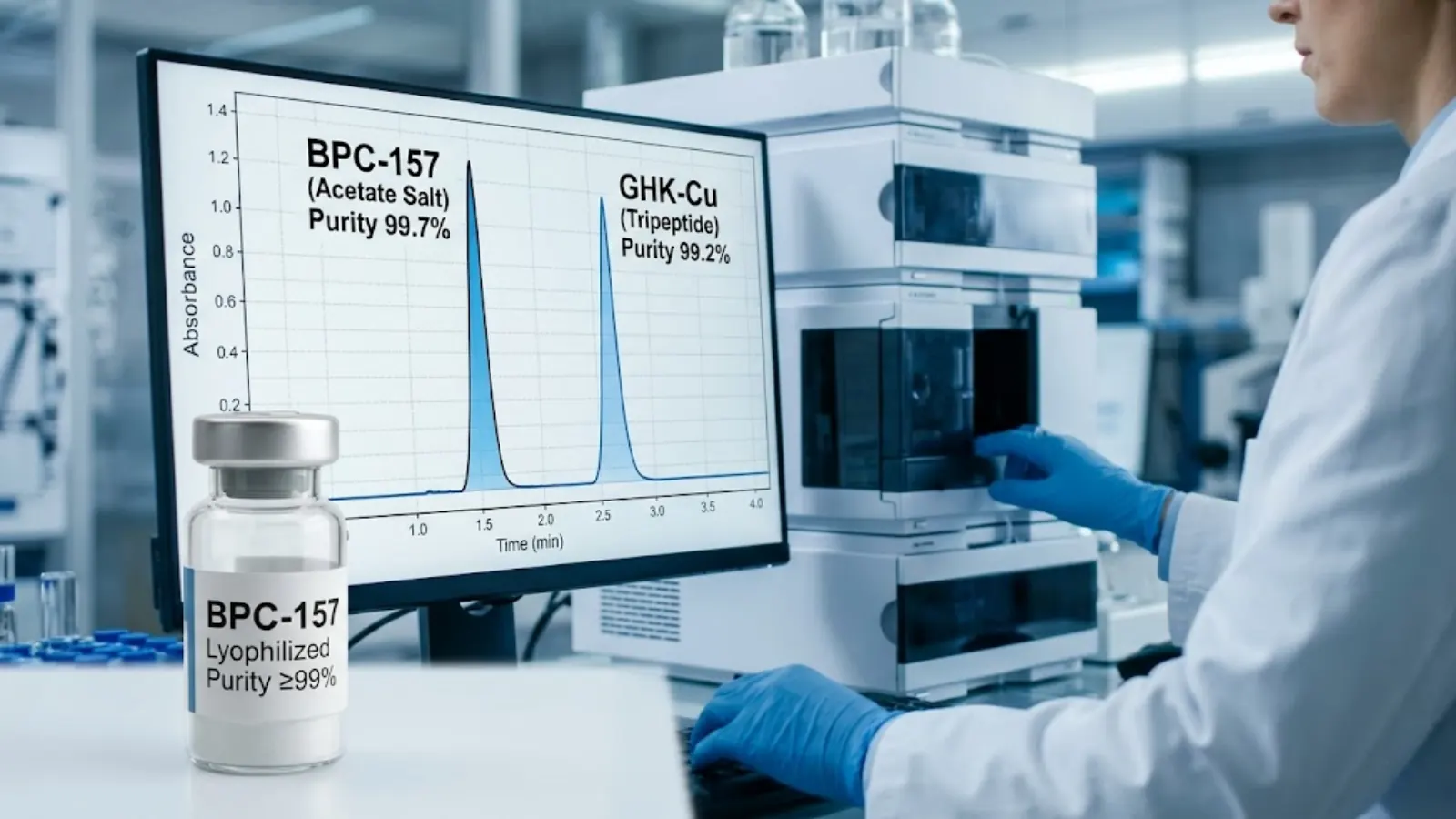 HPLC chromatogram displaying high-resolution peaks for purified BPC-157 and GHK-Cu acetate salts