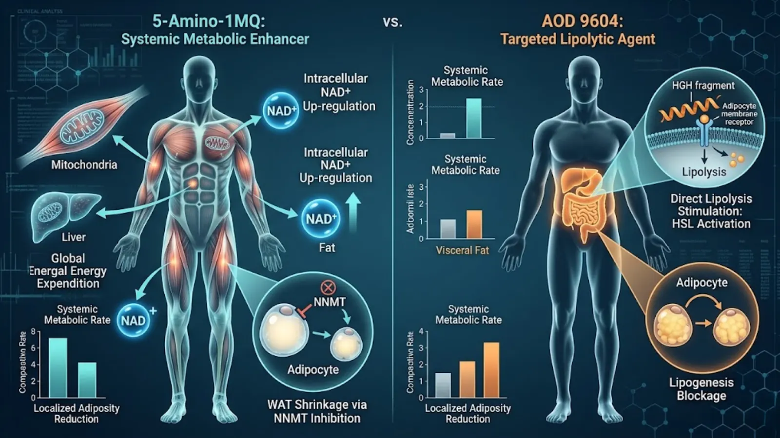 Physiological Targeting Map 5-Amino-1MQ vs AOD 9604