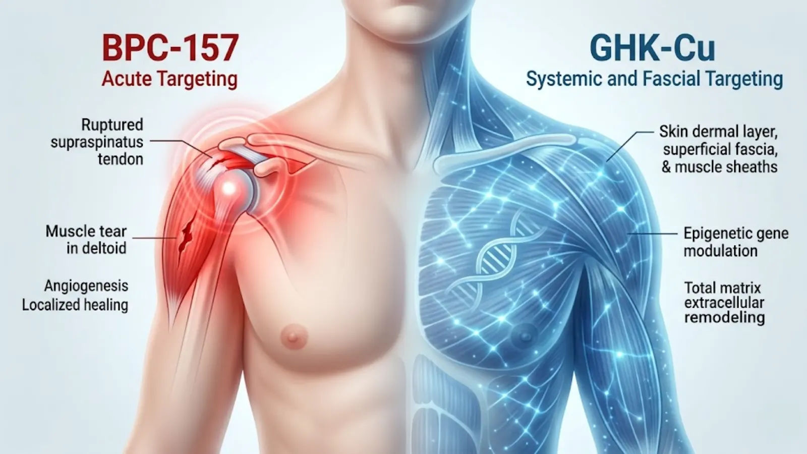 Physiological Targeting Map contrasting BPC-157 localized healing with GHK-Cu systemic remodeling