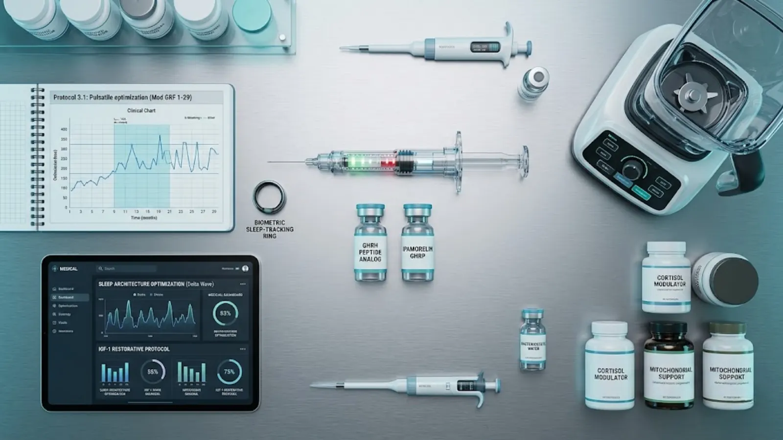 Stylized illustration of interconnected generic highlighted symbols generic representing biological generic repair generic generic generic healing protocols and biohacking concepts