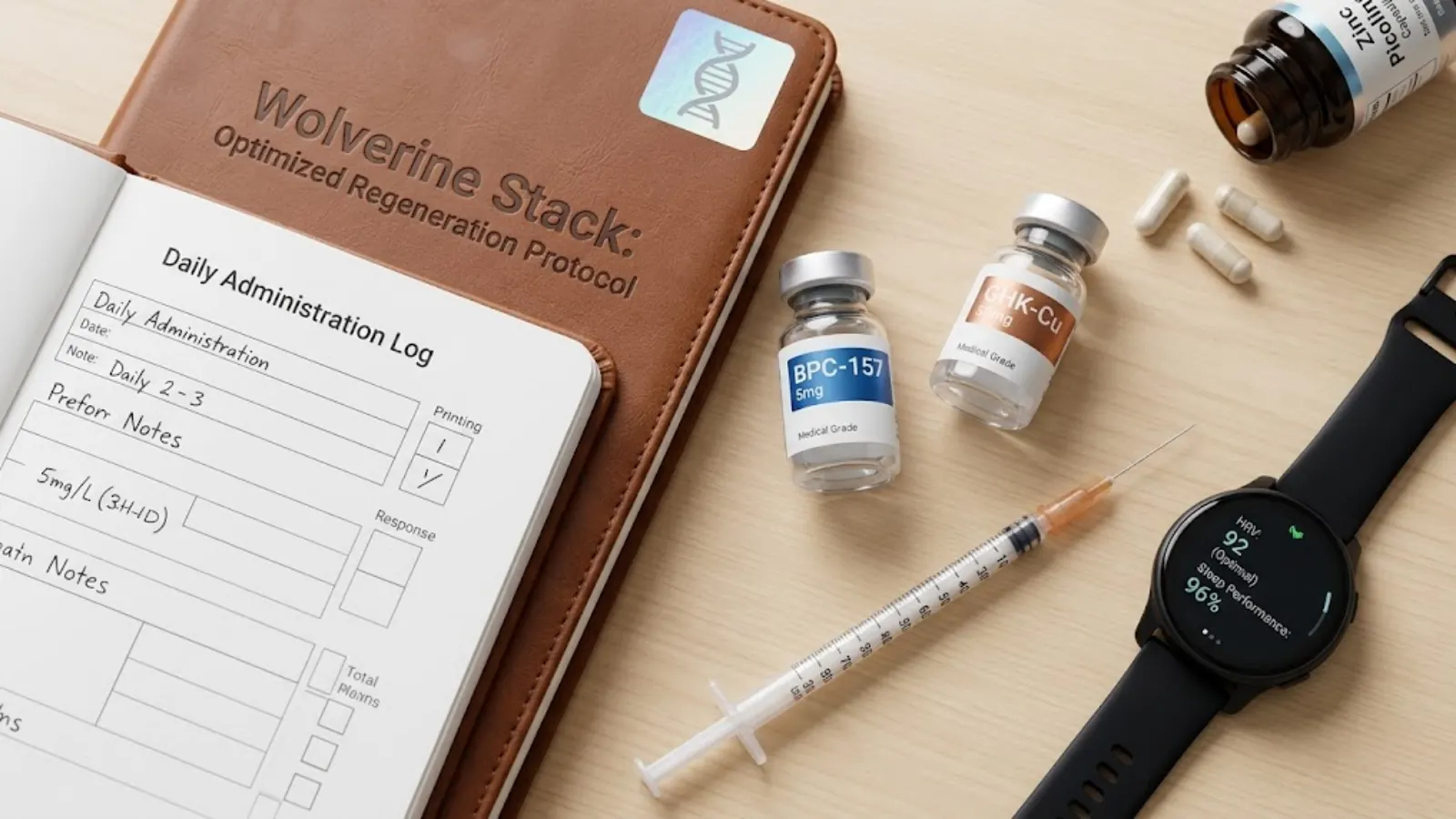 Clinical flat lay of BPC-157 and GHK-Cu vials, insulin syringe, and administration log for biohacking optimization