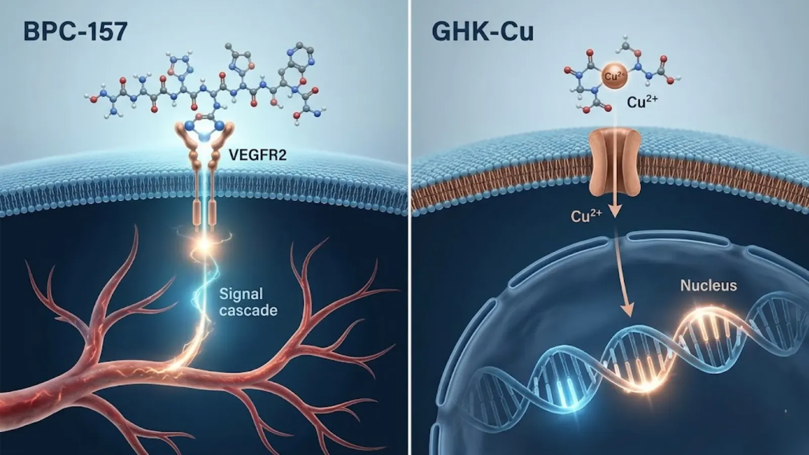 Molecular mechanism diagram comparing BPC-157 angiogenesis with GHK-Cu gene modulation