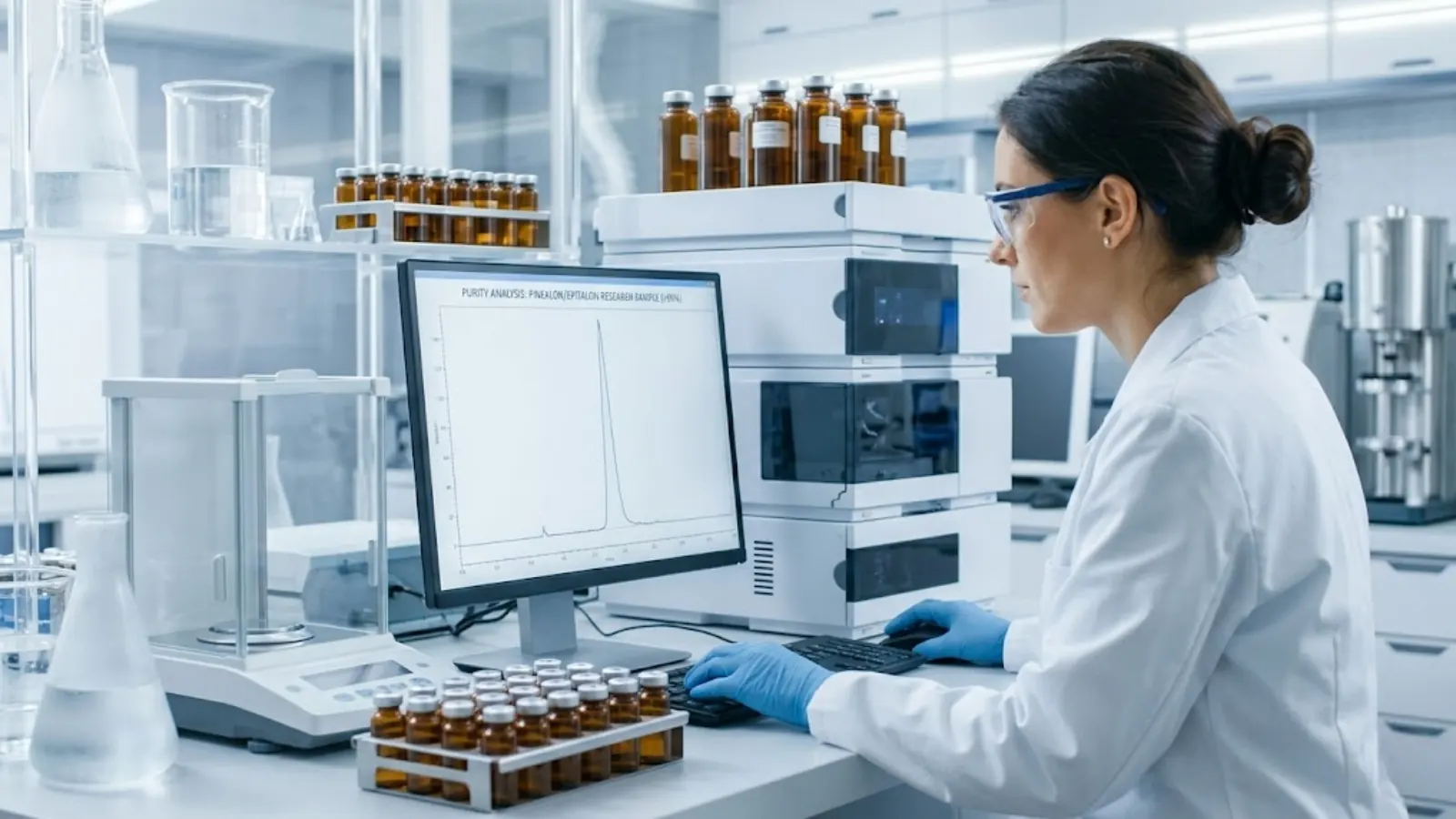 Scientist analyzing HPLC purity testing of synthetic peptides