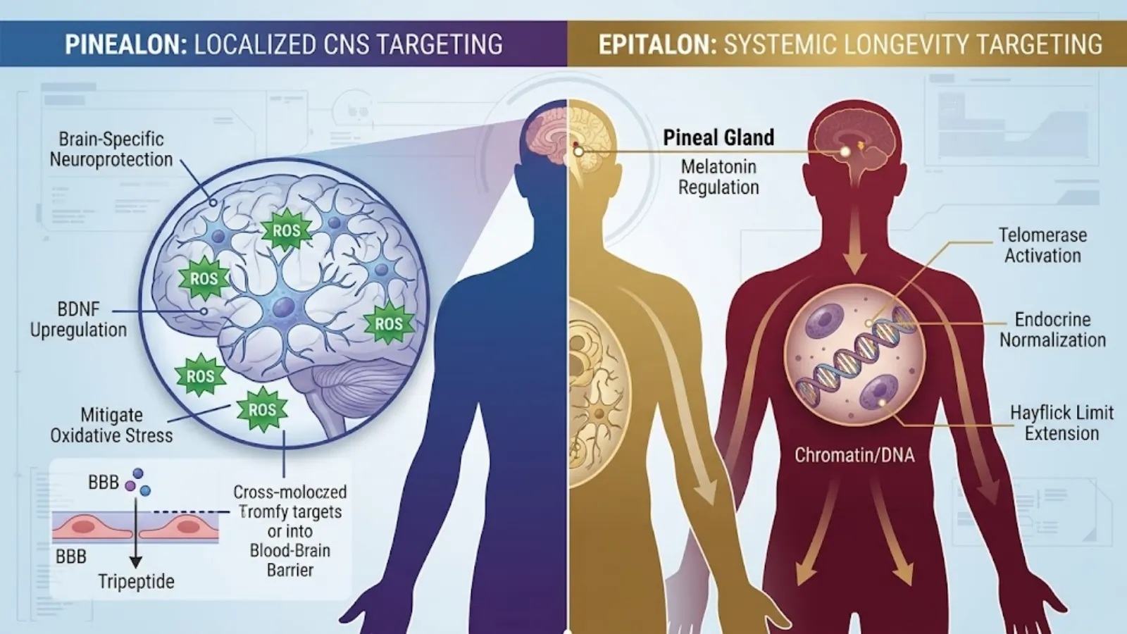 Physiological Targeting Map comparing localized CNS targeting of Pinealon with systemic targeting of Epitalon