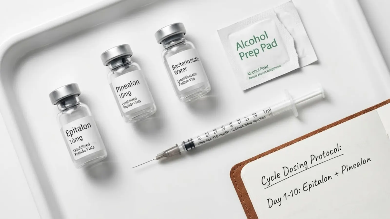 Biohacking flat lay showing Epitalon, Pinealon, bacteriostatic water and a syringe