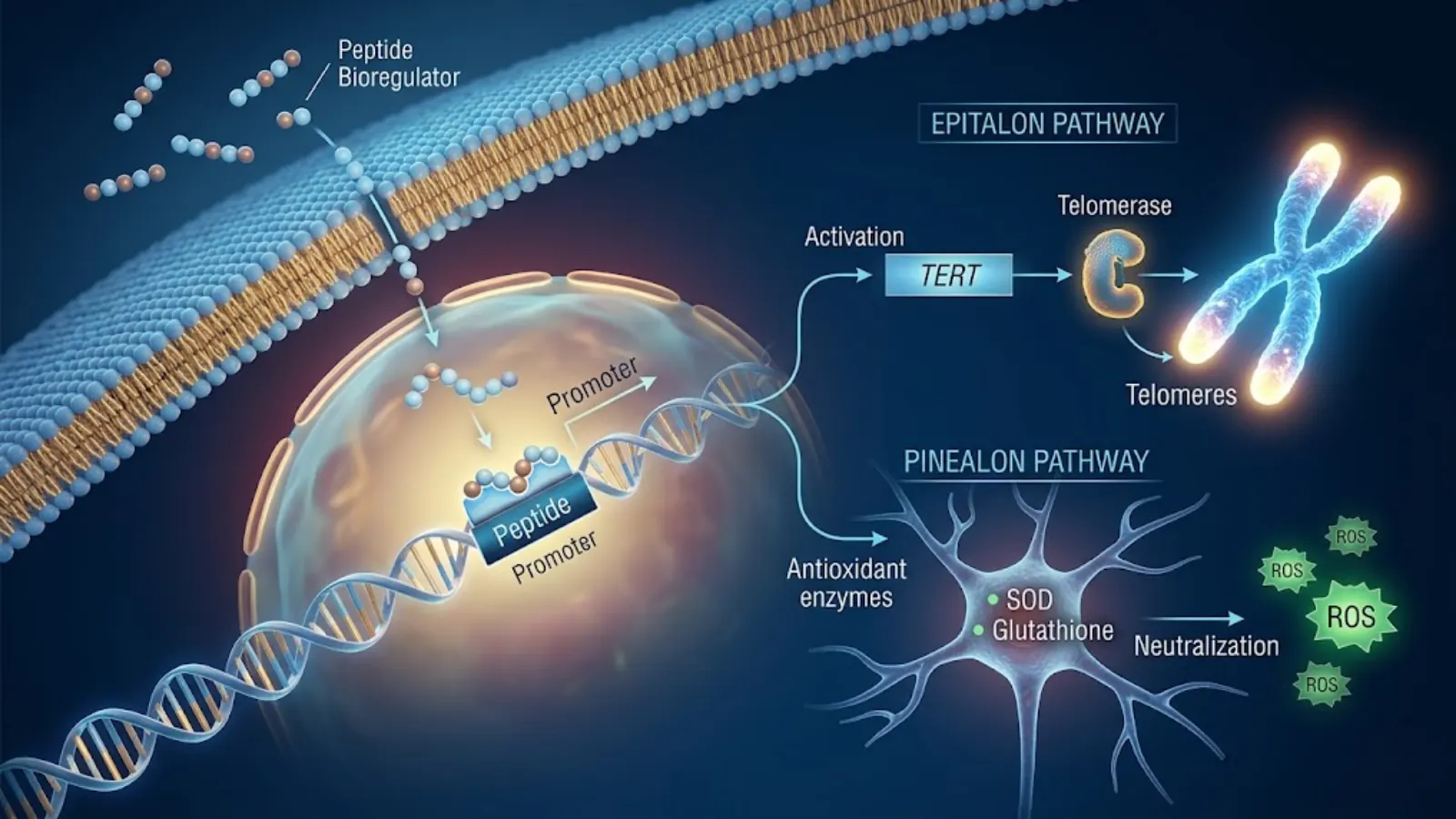 Conceptual molecular mechanism of Epitalon and Pinealon interacting with DNA and telomerase activation
